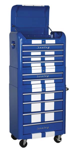 Sealey Retro Style Topchest, Mid-Box & Rollcab Combination 10 Drawer Blue/White Stripes